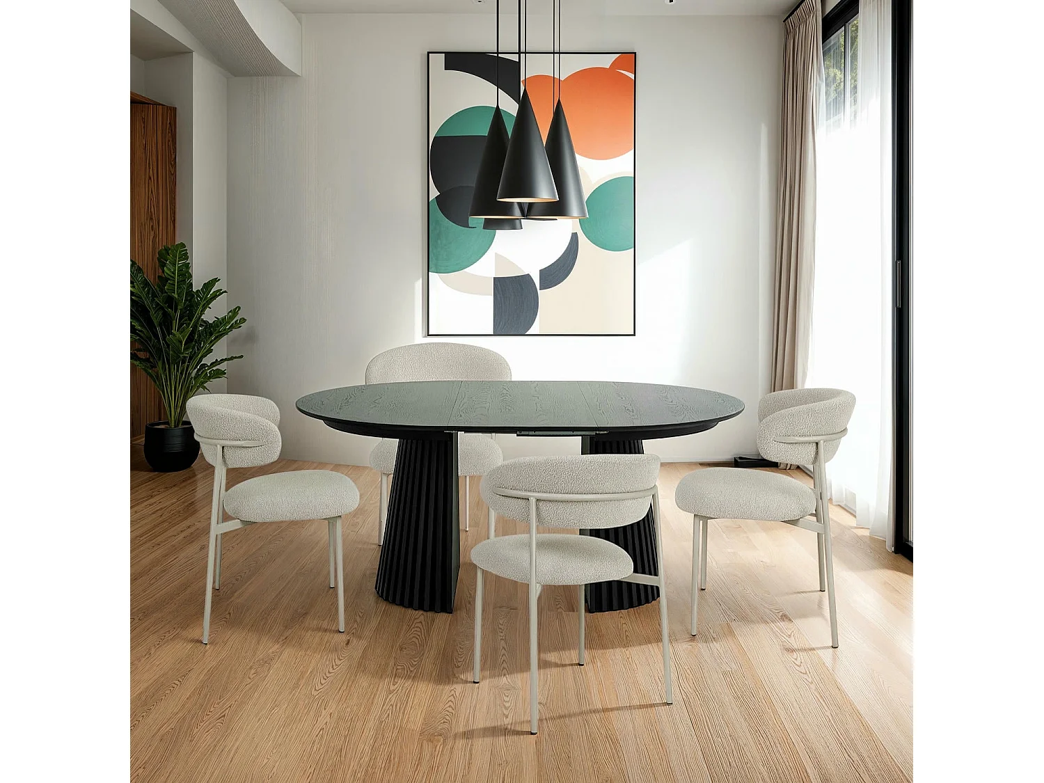 Table à manger extensible Svendborg - Ronde - MDF et placage de chêne - Noir