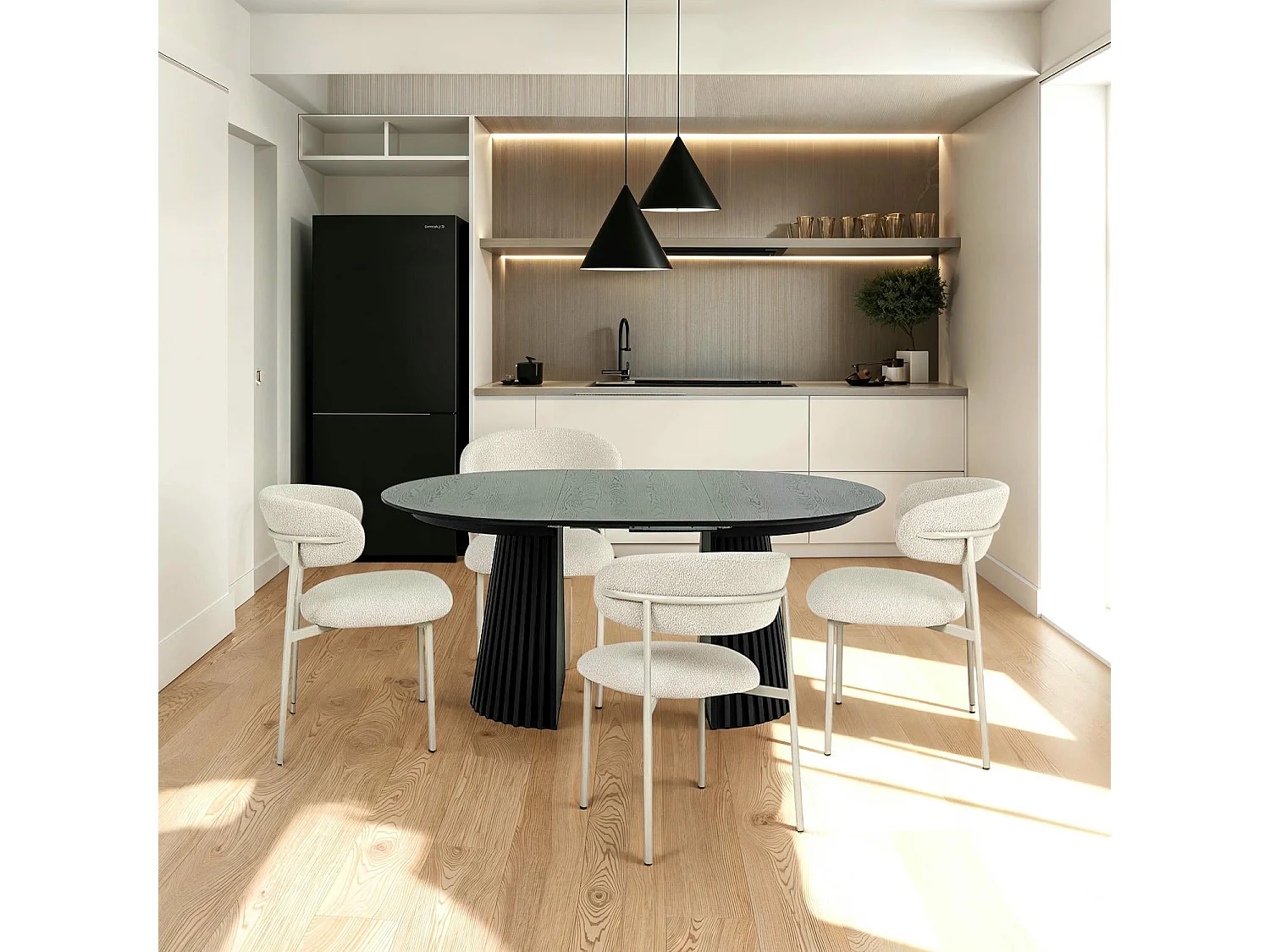 Table à manger extensible Svendborg - Ronde - MDF et placage de chêne - Noir