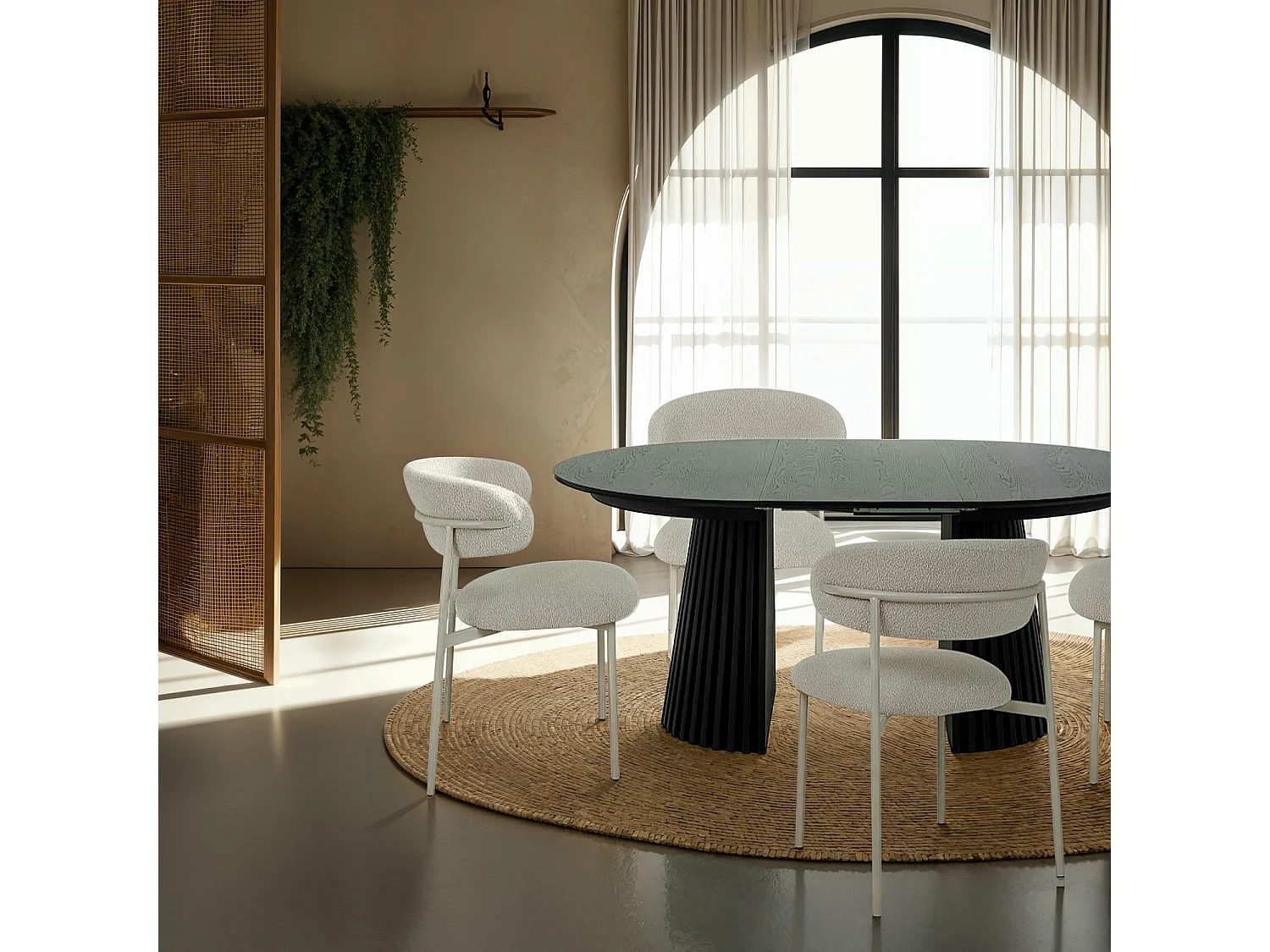 Table à manger extensible Svendborg - Ronde - MDF et placage de chêne - Noir