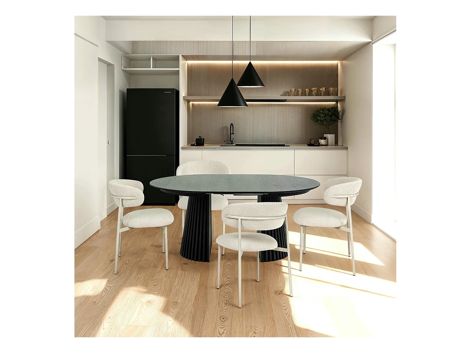 Table à manger extensible Svendborg - Ronde - MDF et placage de chêne - Noir