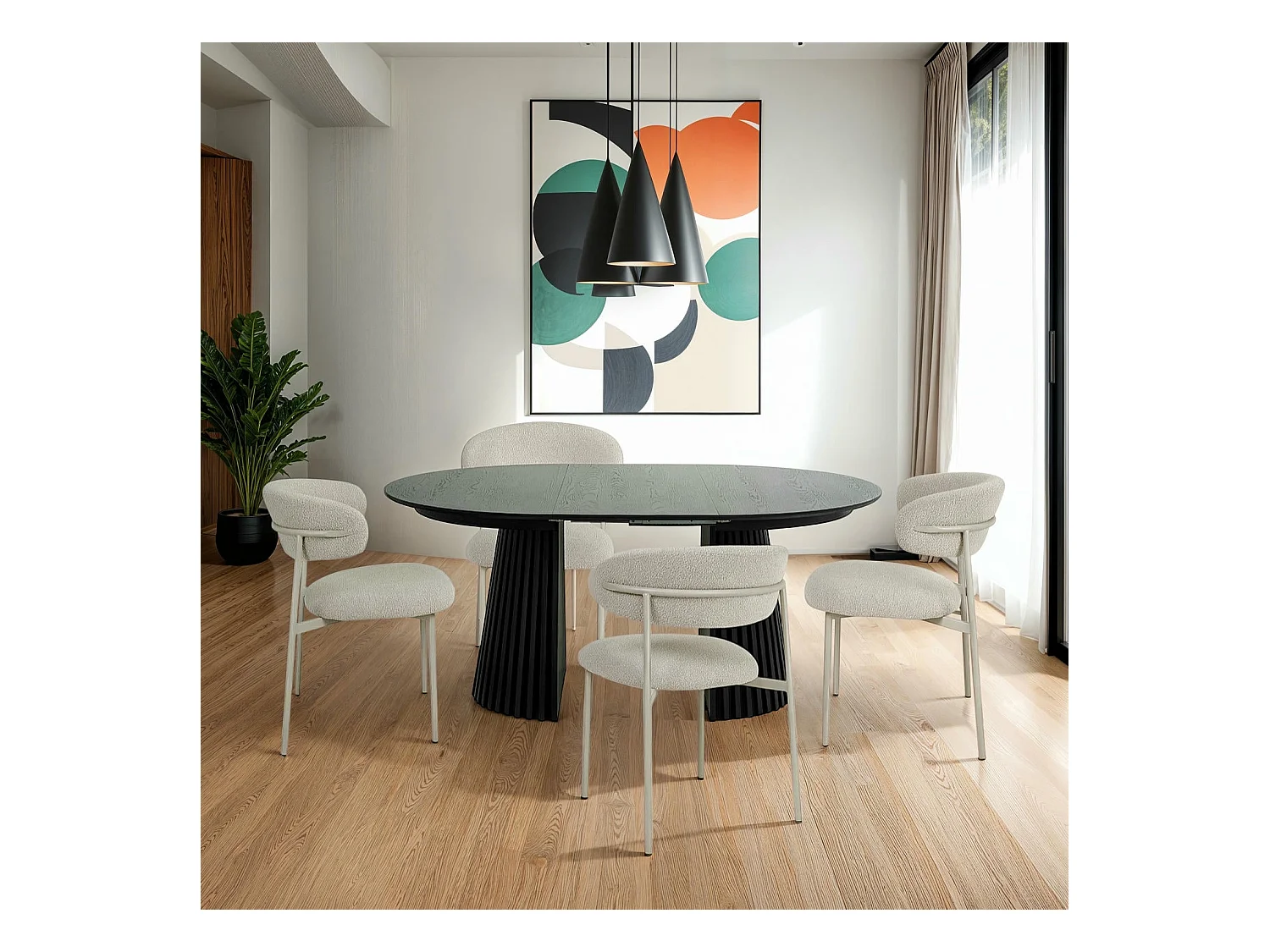 Table à manger extensible Svendborg - Ronde - MDF et placage de chêne - Noir