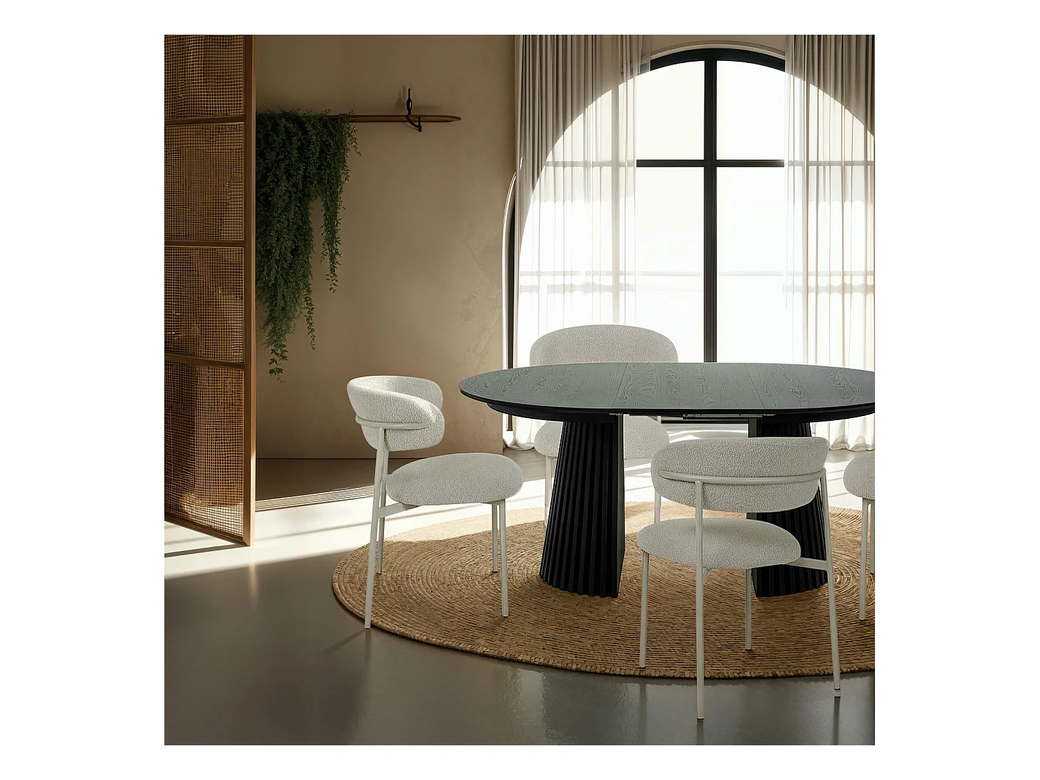 Table à manger extensible Svendborg - Ronde - MDF et placage de chêne - Noir