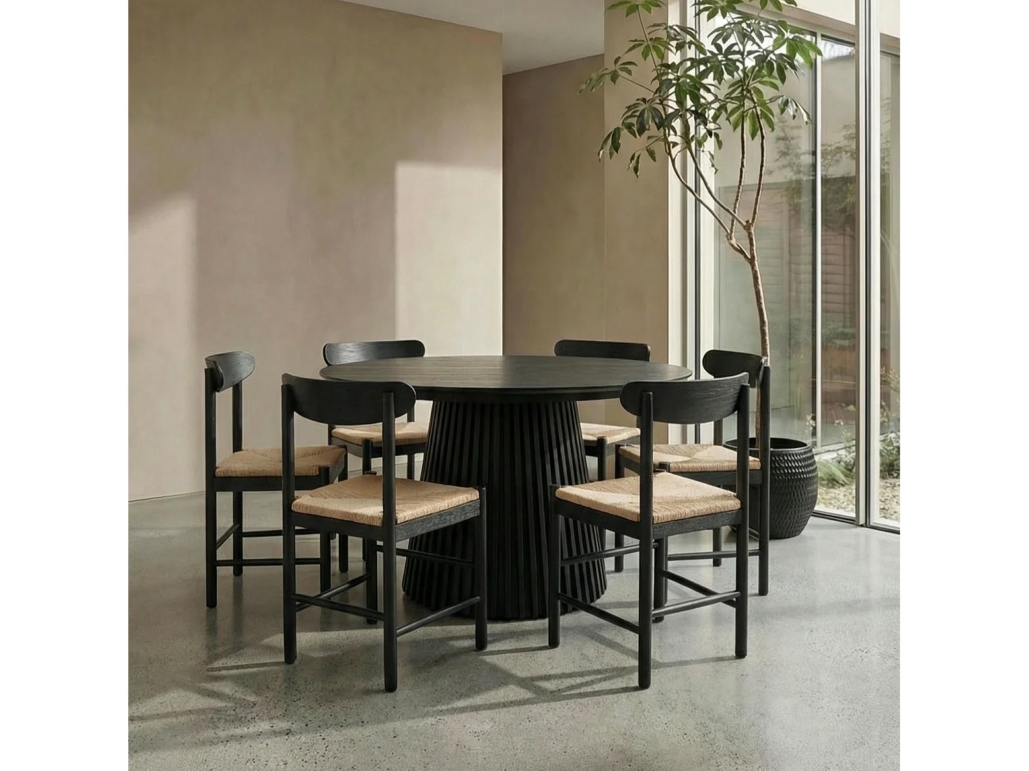 Table à manger extensible Svendborg - Ronde - MDF et placage de chêne - Noir