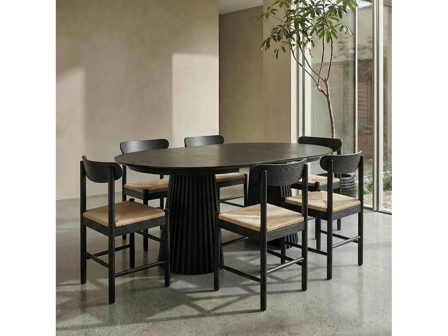 Table à manger extensible Svendborg - Ronde - MDF et placage de chêne - Noir