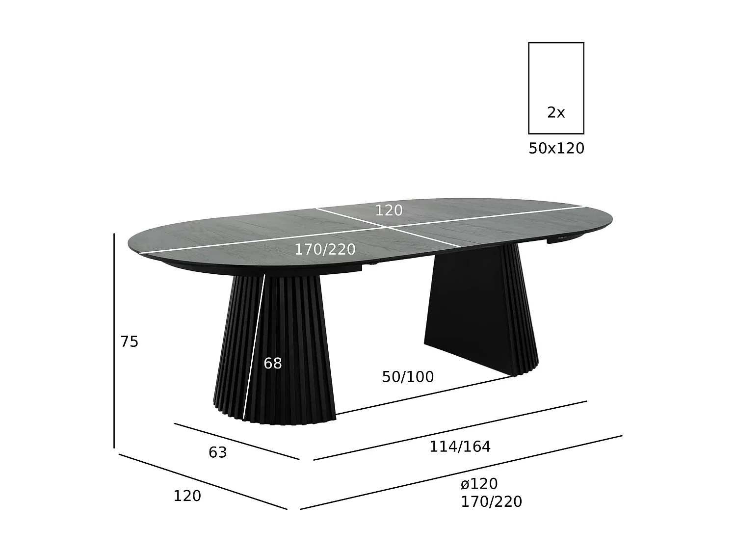 Table à manger extensible Svendborg - Ronde - MDF et placage de chêne - Noir