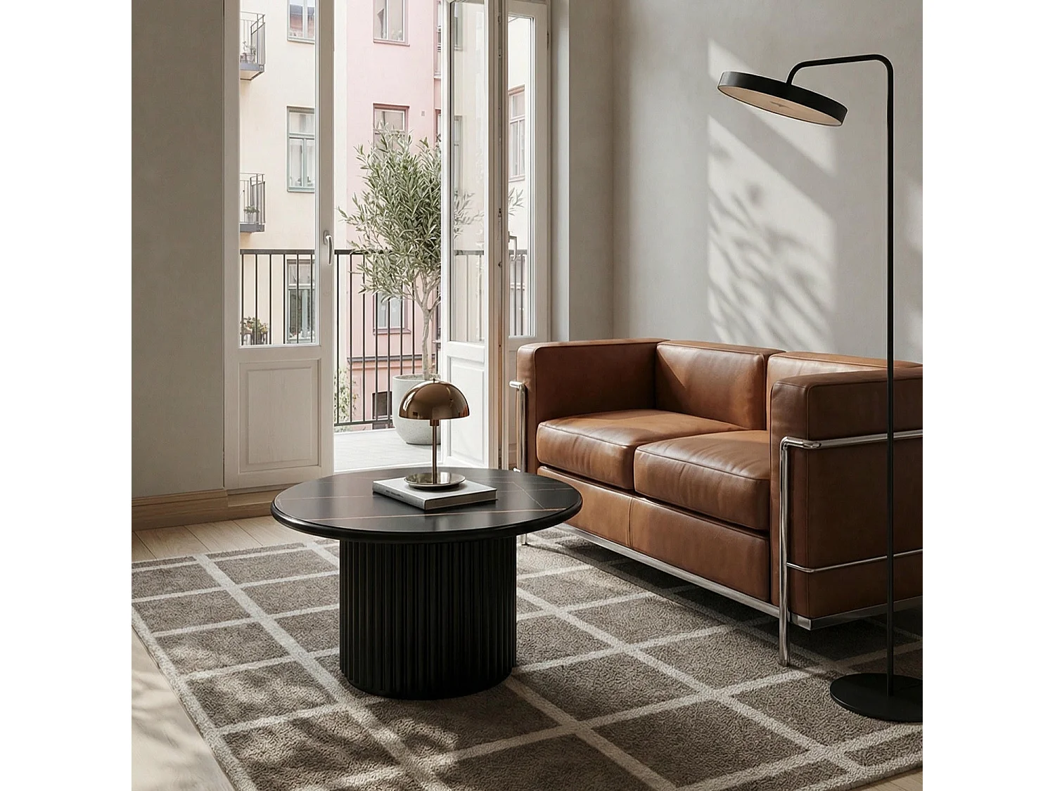Table basse Easy - Ronde - MDF et marbre - Noir