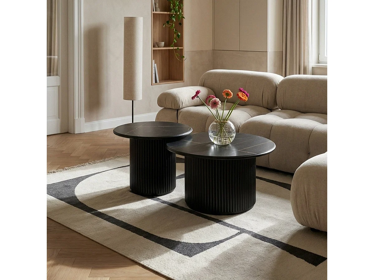 Table basse Easy - Ronde - MDF et marbre - Noir