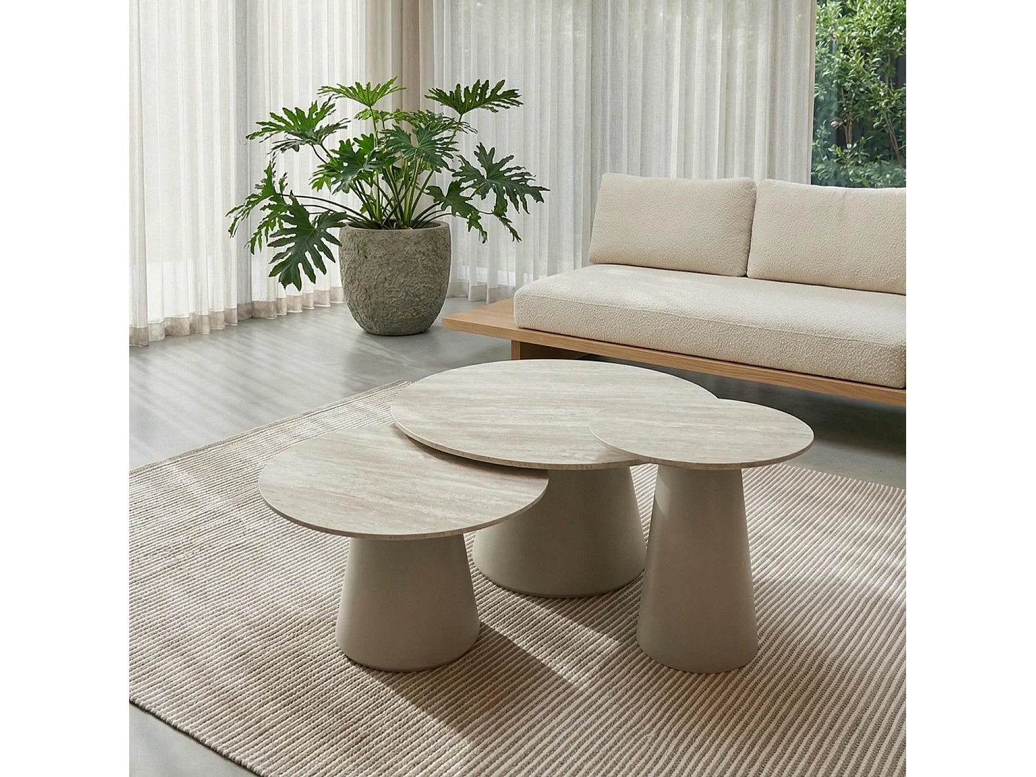 Table basse Tango - Ronde - MDF et travertin - Beige