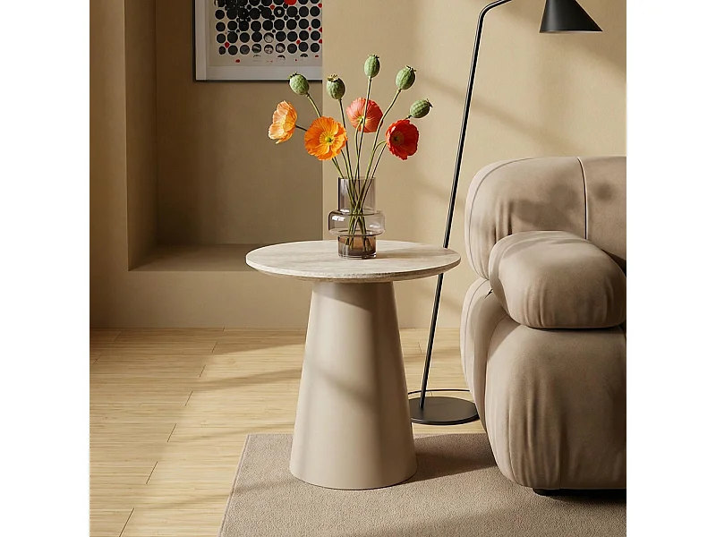 Table basse Tango - Ronde - MDF et travertin - Beige