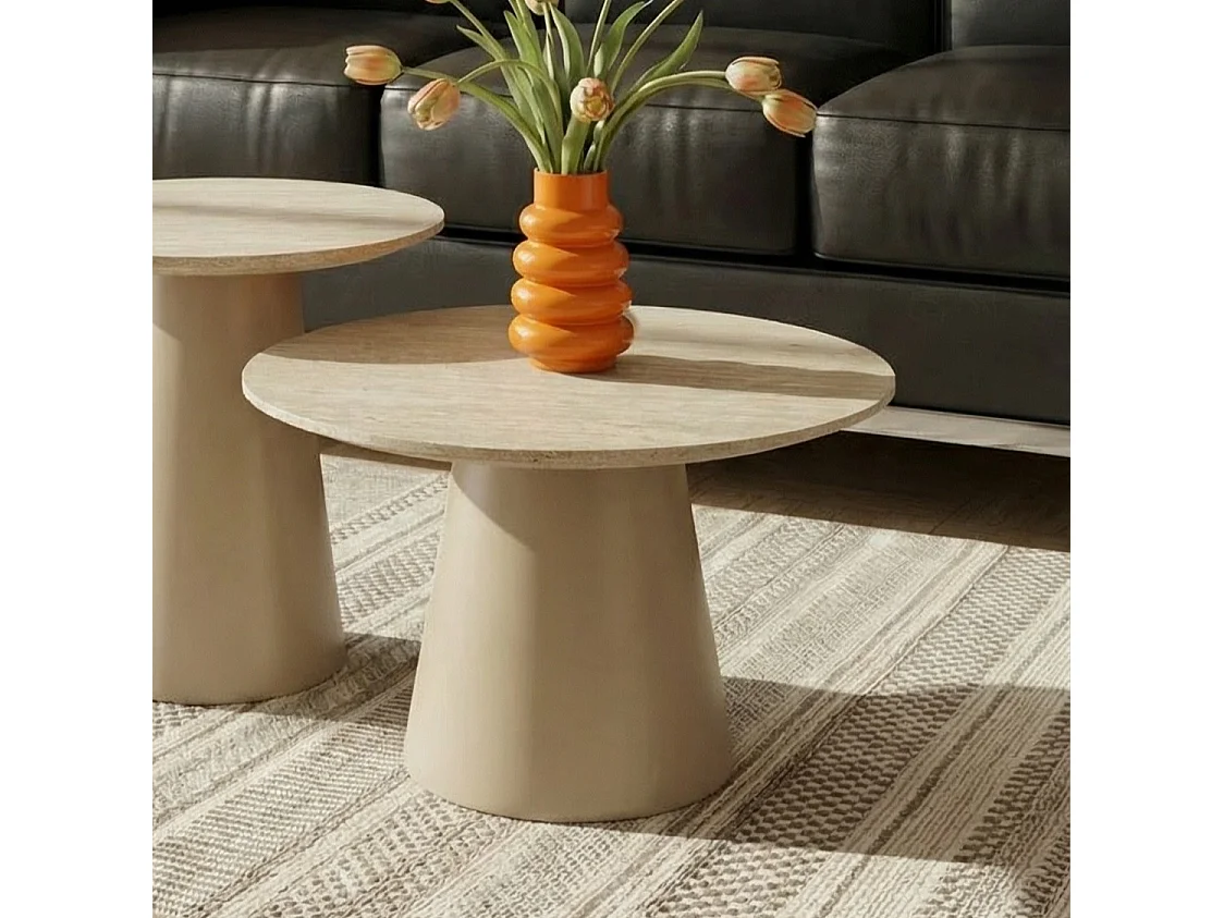 Mesa de centro redonda Tango - MDF y travertino - Beige