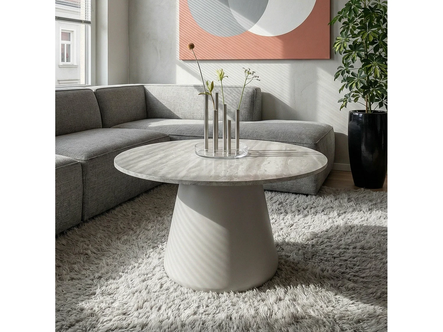 Table basse Tango - Ronde - MDF et travertin - Gris