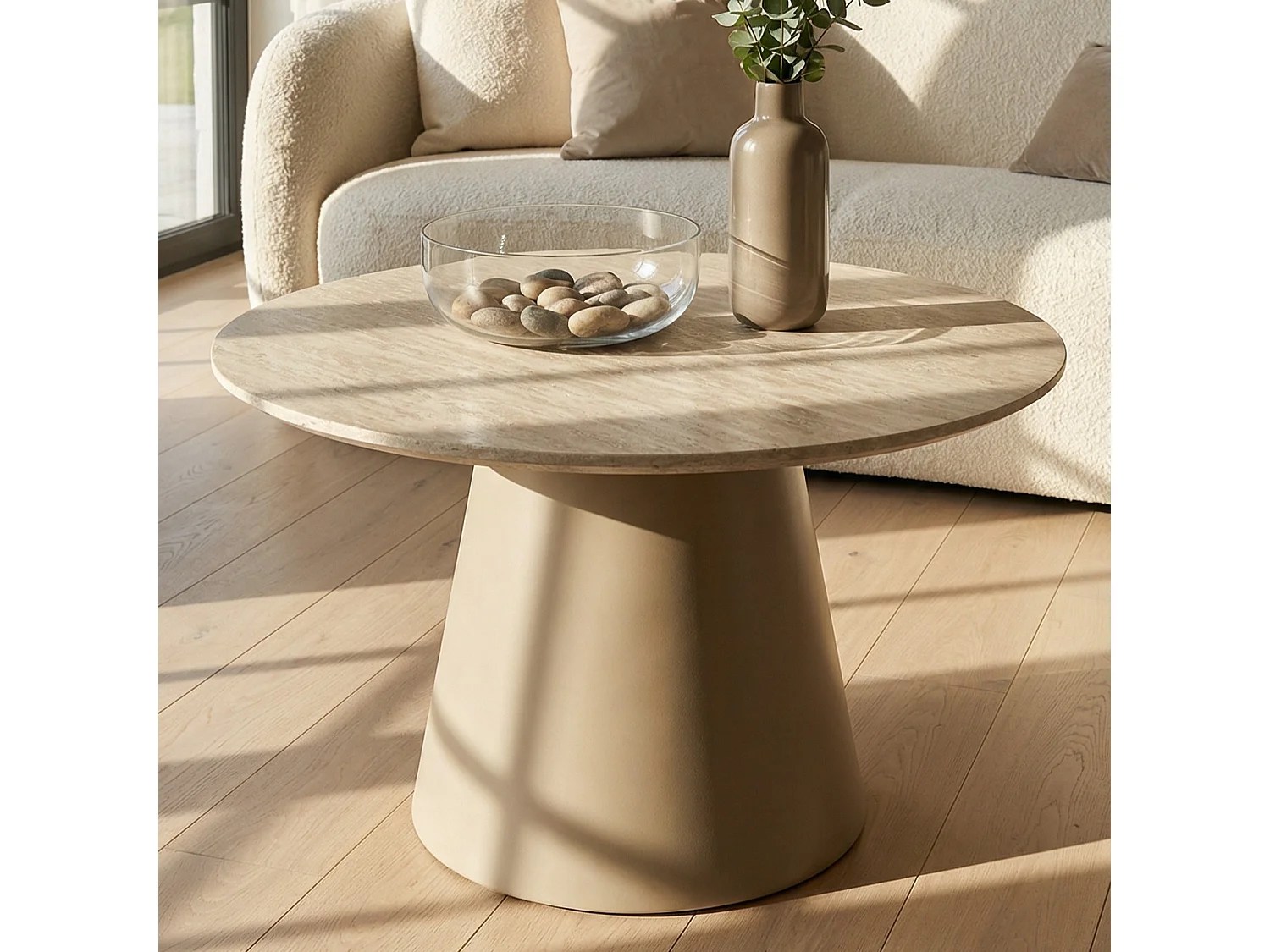 Table basse Tango - Ronde - MDF et travertin - Beige