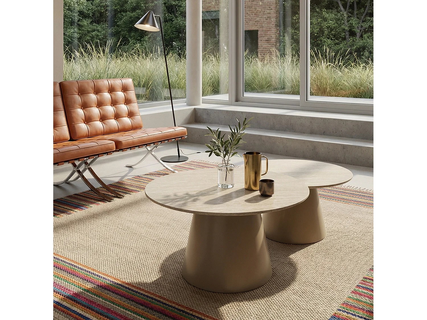 Table basse Tango - Ronde - MDF et travertin - Beige