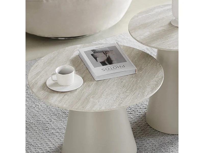 Table basse Tango - Ronde - MDF et travertin - Gris