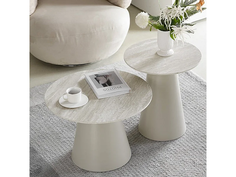 Table basse Tango - Ronde - MDF et travertin - Gris