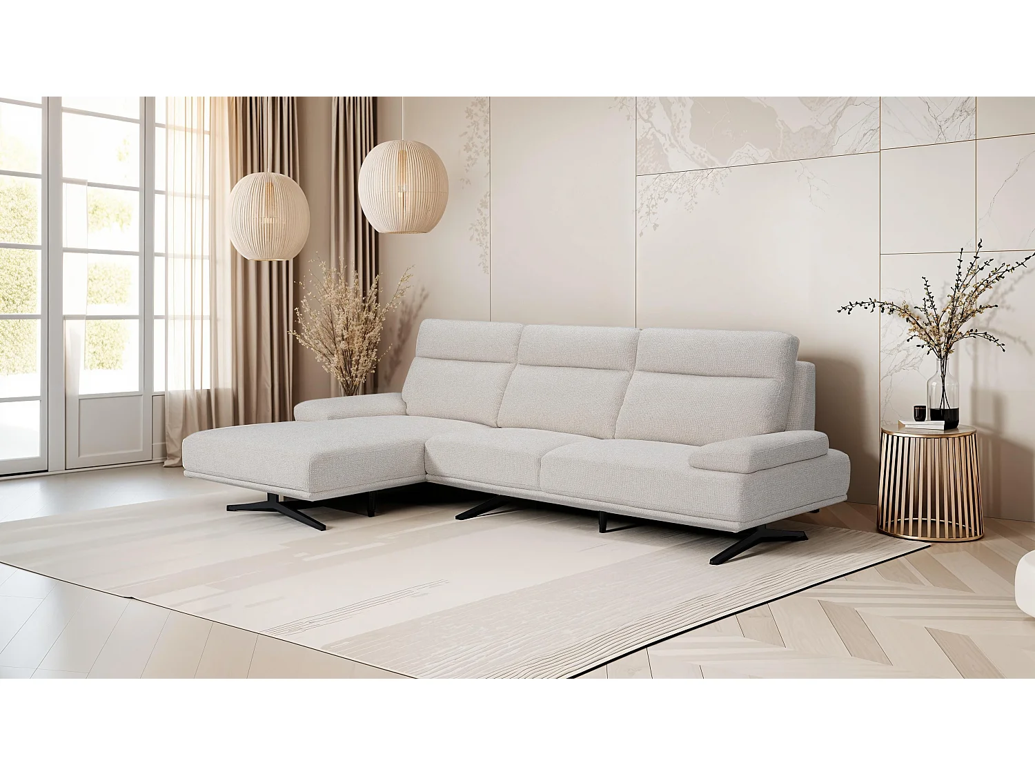 Canapé d'angle droite Seattle - 4 places - Tissu - Beige