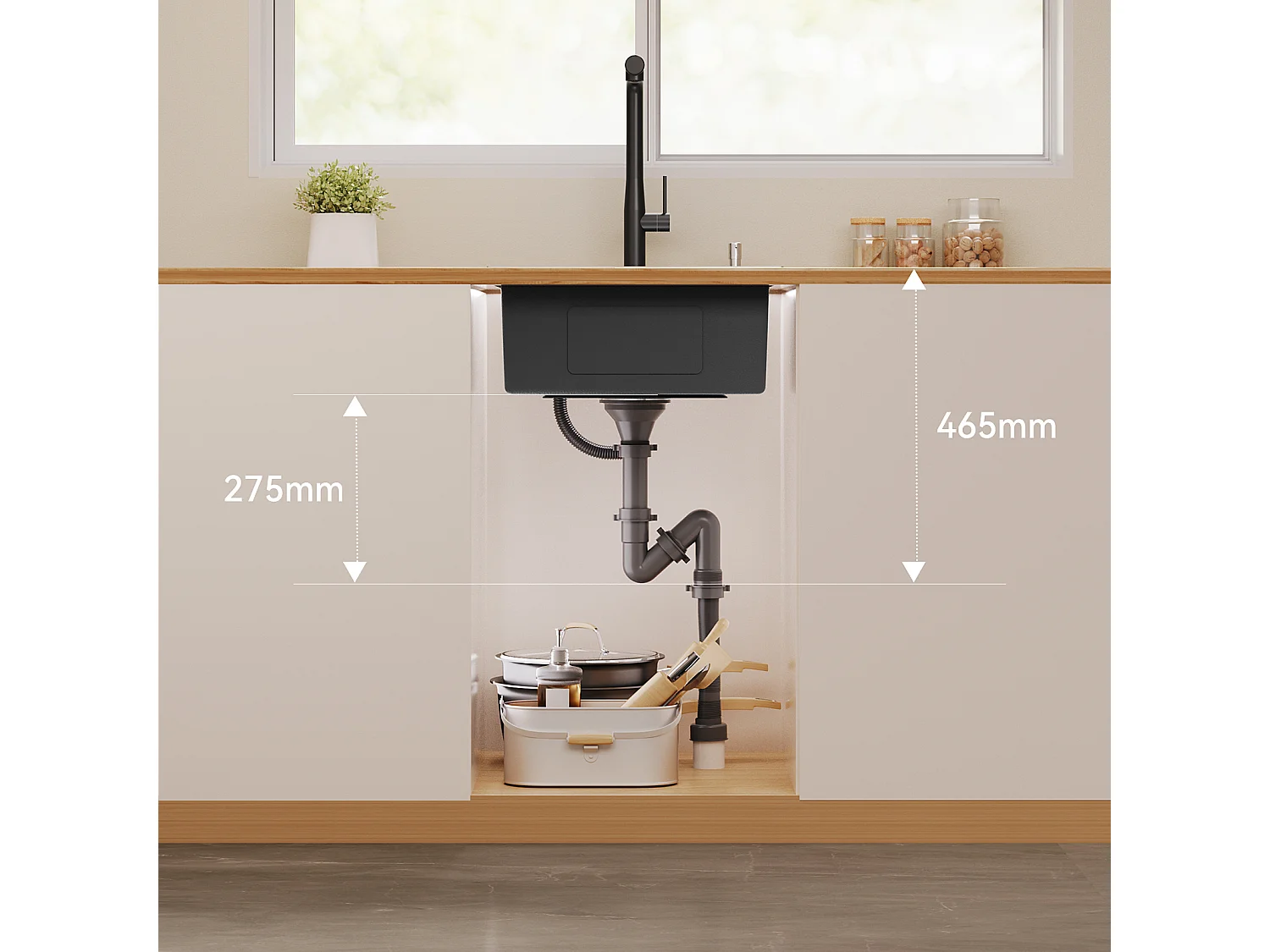 Edelstahl Küchenspüle 44 x 49 cm Einbauspüle Küchenspüle für ab 45 cm Unterschrank, Küchenspülbecken, Edelstahlspüle, inkl. Seifenspender, Ablaufgarnitur, Anthrazit