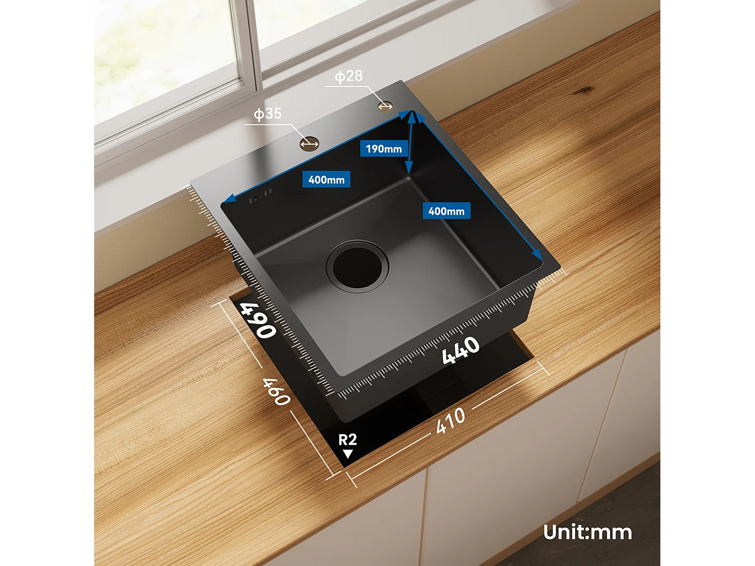 Edelstahl Küchenspüle 44 x 49 cm Einbauspüle Küchenspüle für ab 45 cm Unterschrank, Küchenspülbecken, Edelstahlspüle, inkl. Seifenspender, Ablaufgarnitur, Anthrazit