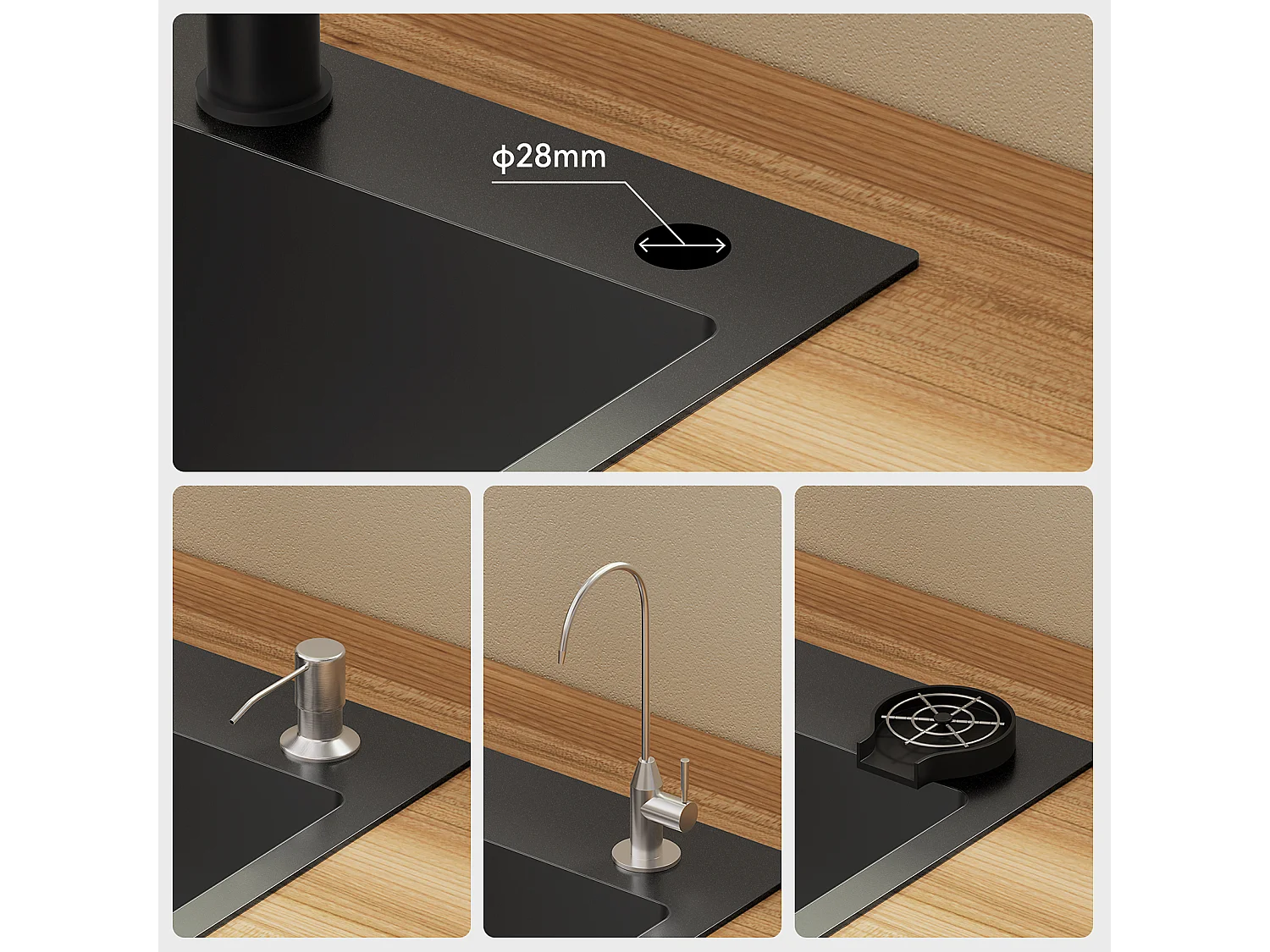 Edelstahl Küchenspüle 44 x 49 cm Einbauspüle Küchenspüle für ab 45 cm Unterschrank, Küchenspülbecken, Edelstahlspüle, inkl. Seifenspender, Ablaufgarnitur, Anthrazit