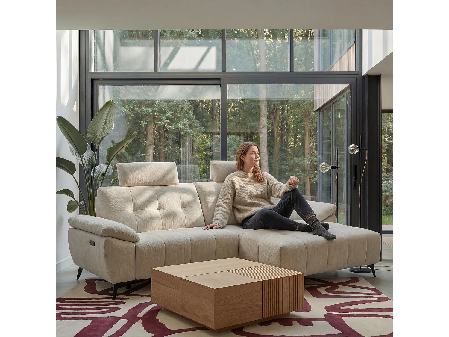 Hoekbank met hoek links 3 zitplaatsen elektrische relaxbank Colorado van stof -