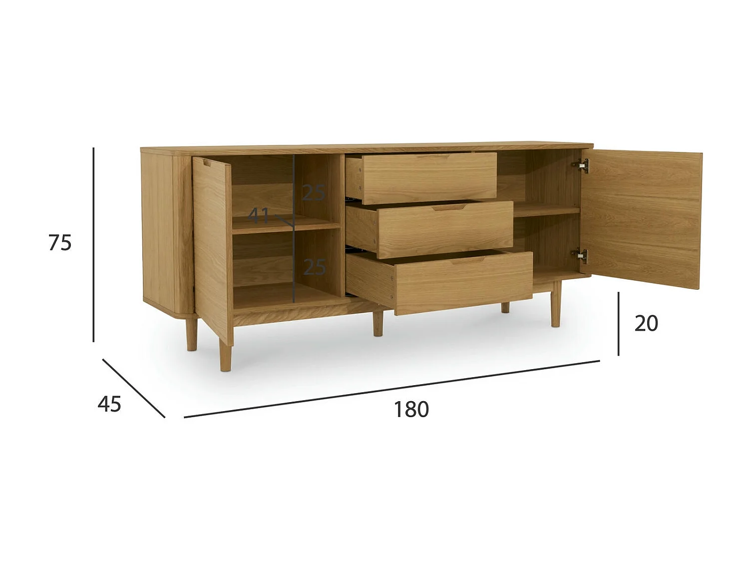 Buffet Nyborg avec 2 portes et 3 tiroirs - Chêne massif et MDF - huile naturelle