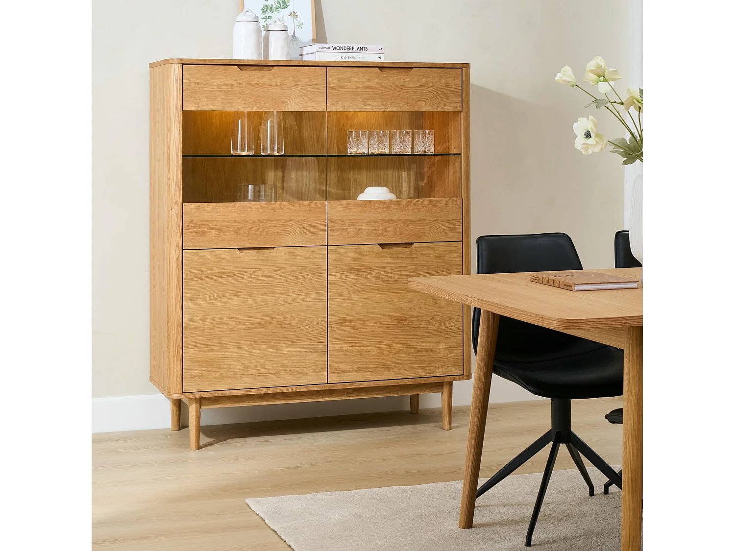 Buffet haut Nyborg avec 4 portes et - Chêne massif et MDF - huile naturelle