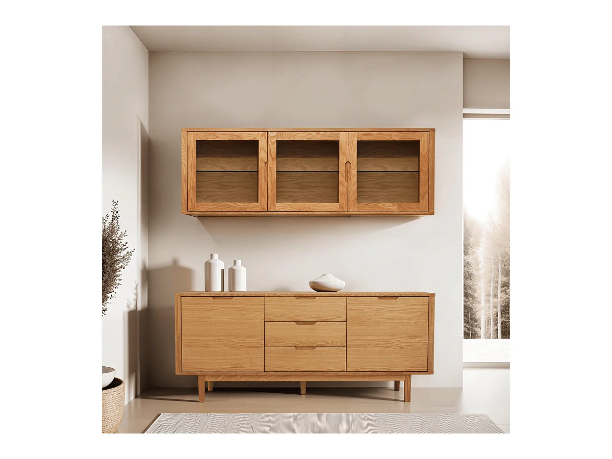 Vitrine murale Nyborg avec 3 portes et 3 niches - Chêne massif et MDF - huile naturelle