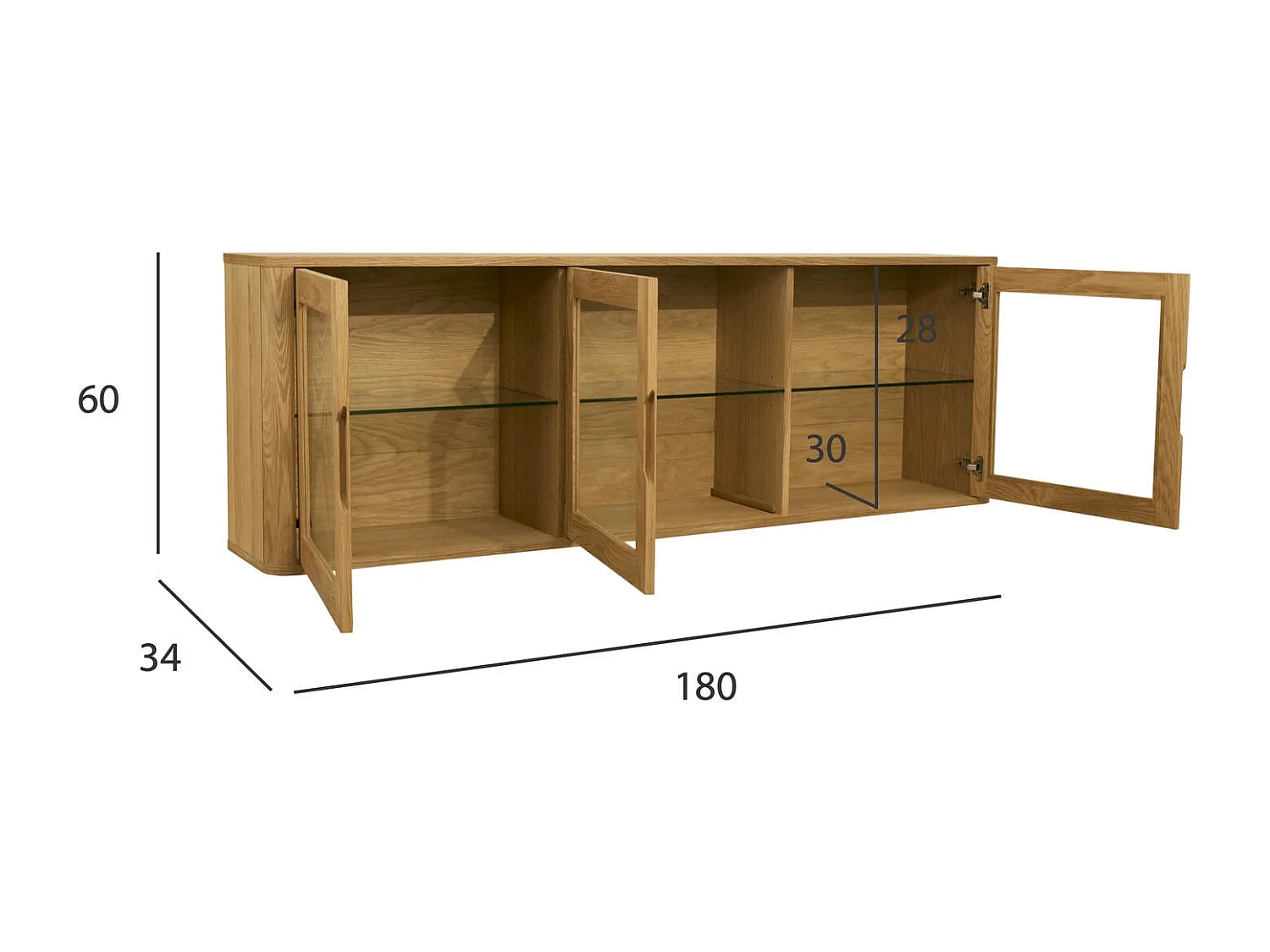 Vitrine murale Nyborg avec 3 portes et 3 niches - Chêne massif et MDF - huile naturelle