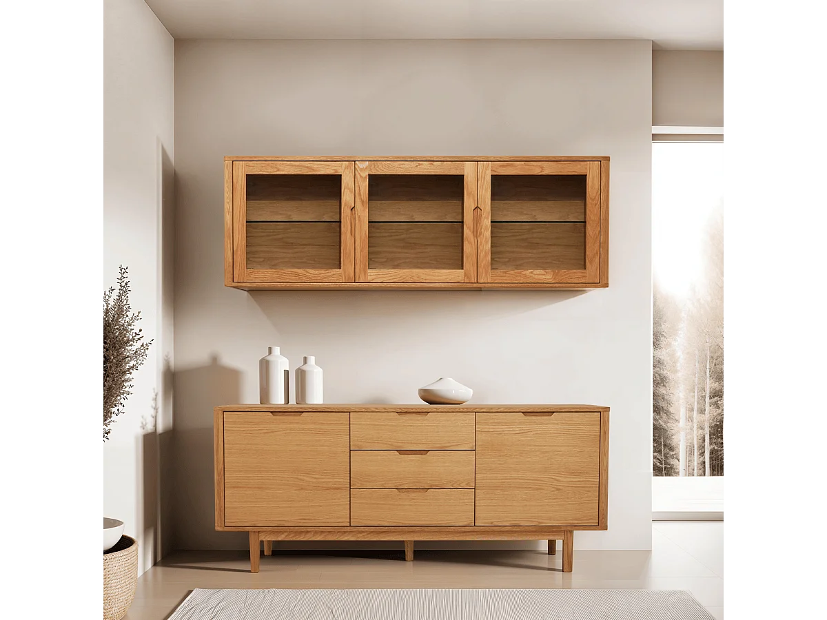 Vitrine murale Nyborg avec 3 portes et 3 niches - Chêne massif et MDF - huile naturelle