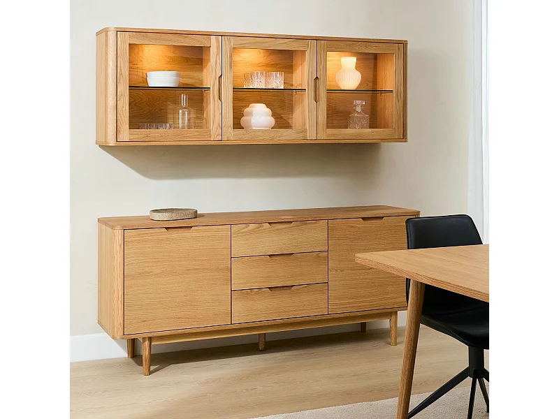 Vitrine murale Nyborg avec 3 portes et 3 niches - Chêne massif et MDF - huile naturelle