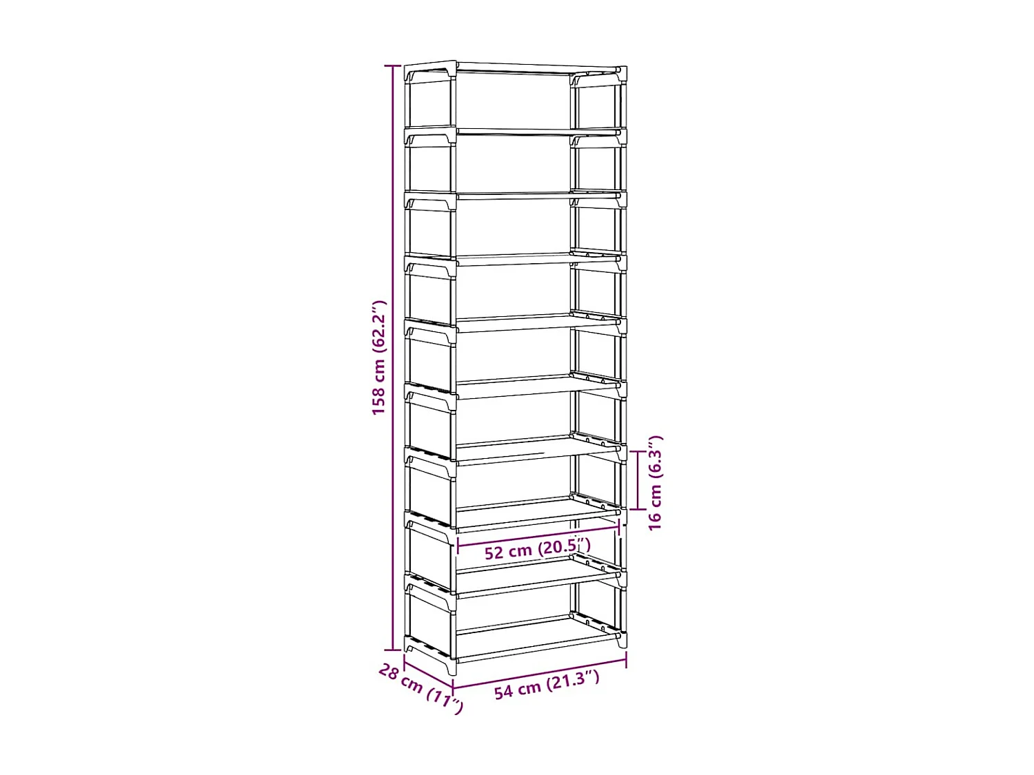 Scarpiera a 10 ripiani 54x28x158 cm tessuto non tessuto