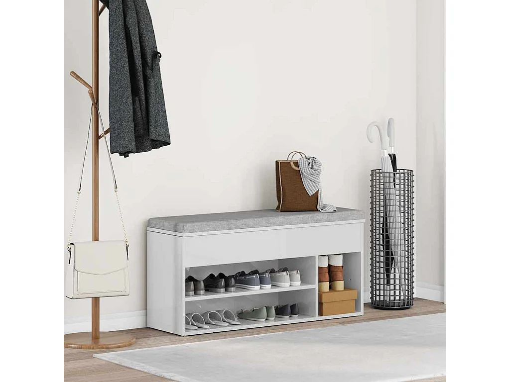 Banc à chaussures blanc brillant 102x30,5x45 cm bois ingénierie