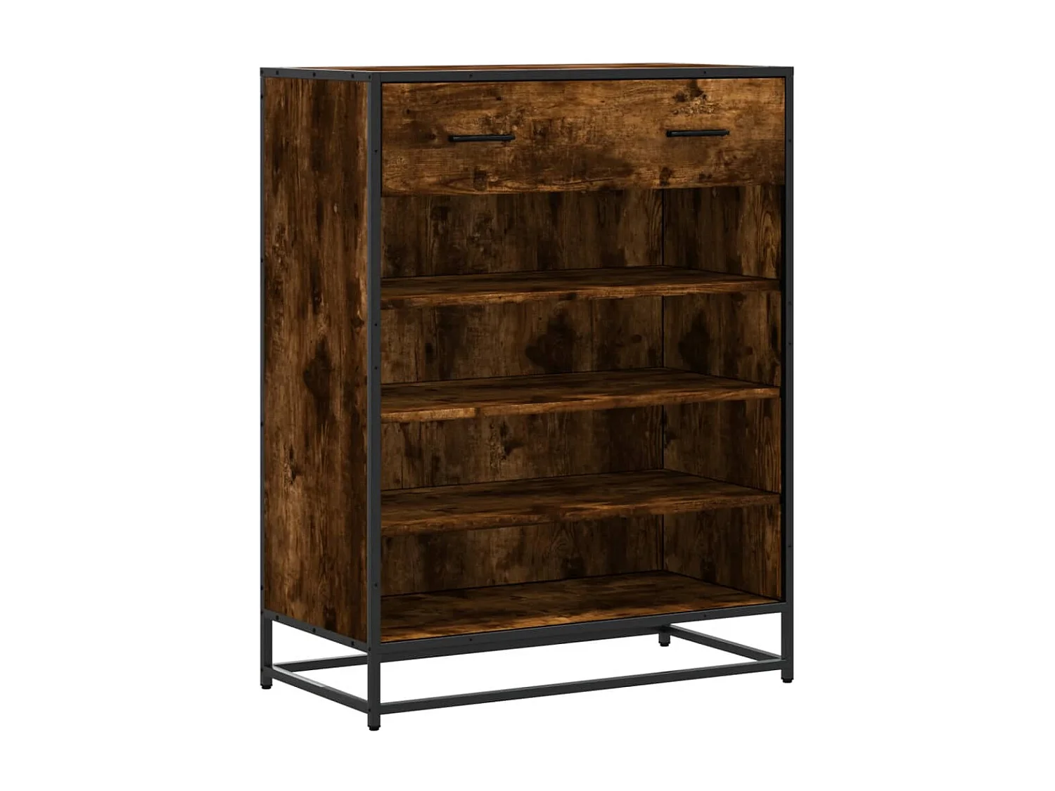 Sapateira de carvalho defumado, madeira projetada e metal