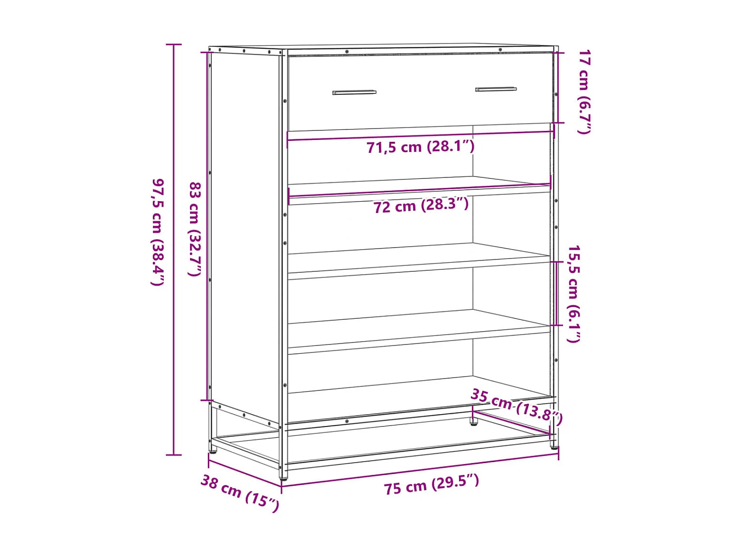 Zapatero de roble marrón fabricado en madera de ingeniería y metal