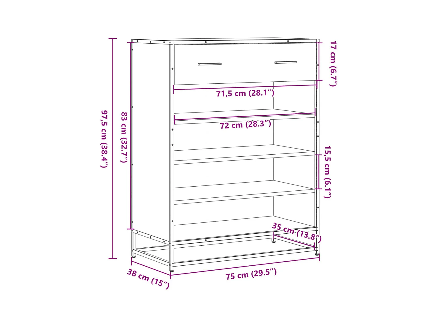 Bruine eikenhouten schoenenkast, bewerkt hout en metaal