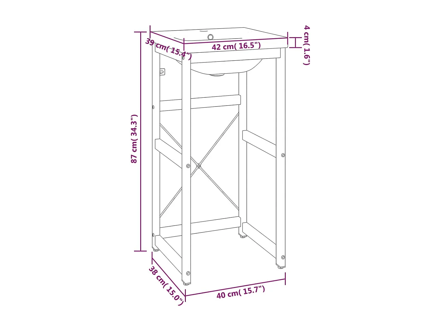 Telaio per lavabo da bagno sottotop in ferro bianco