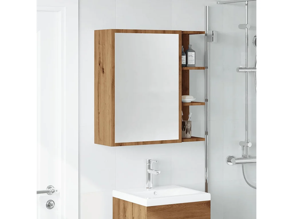Mobiletto specchio da bagno in rovere artigianale 62,5x20,5x64 cm