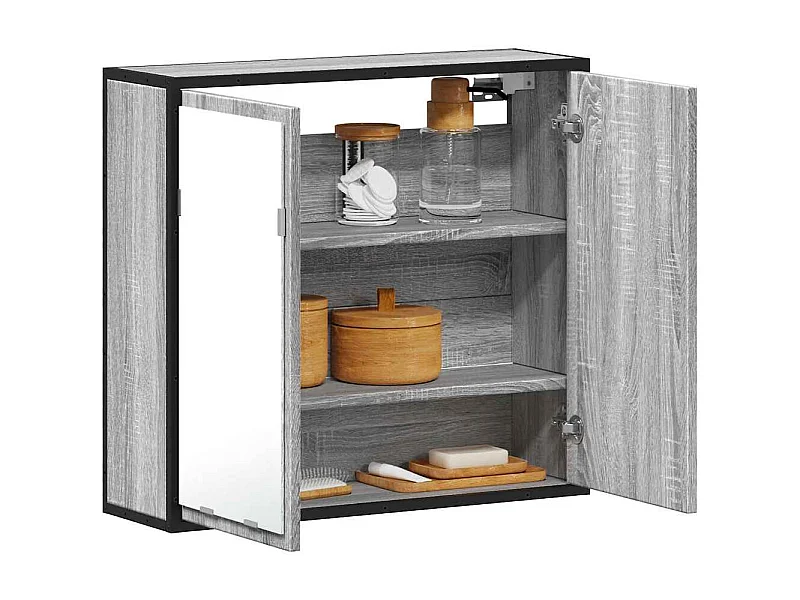 Mobiletto per il bagno con specchio in legno ingegnerizzato grigio Sonoma