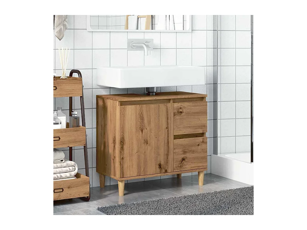 Handgemaakte eikenhouten wastafelkast 65x33x60 cm bewerkt hout