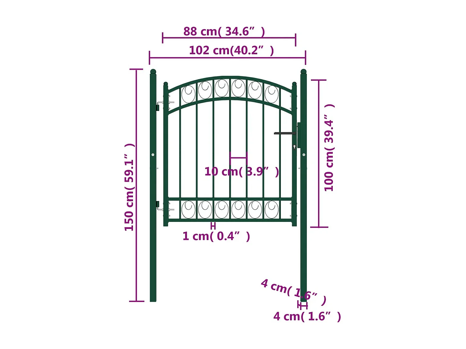 Puerta de valla con arco superior de acero 100x100 cm verde