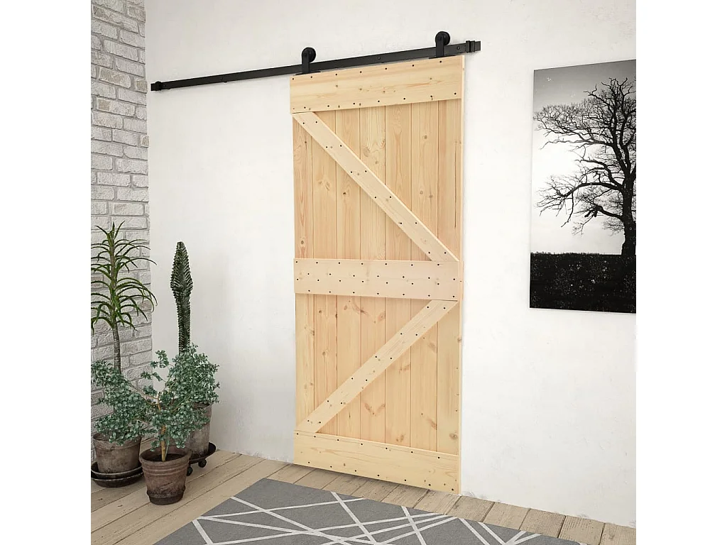 Porte coulissante avec kit de quincaillerie 90x210cm Pin massif