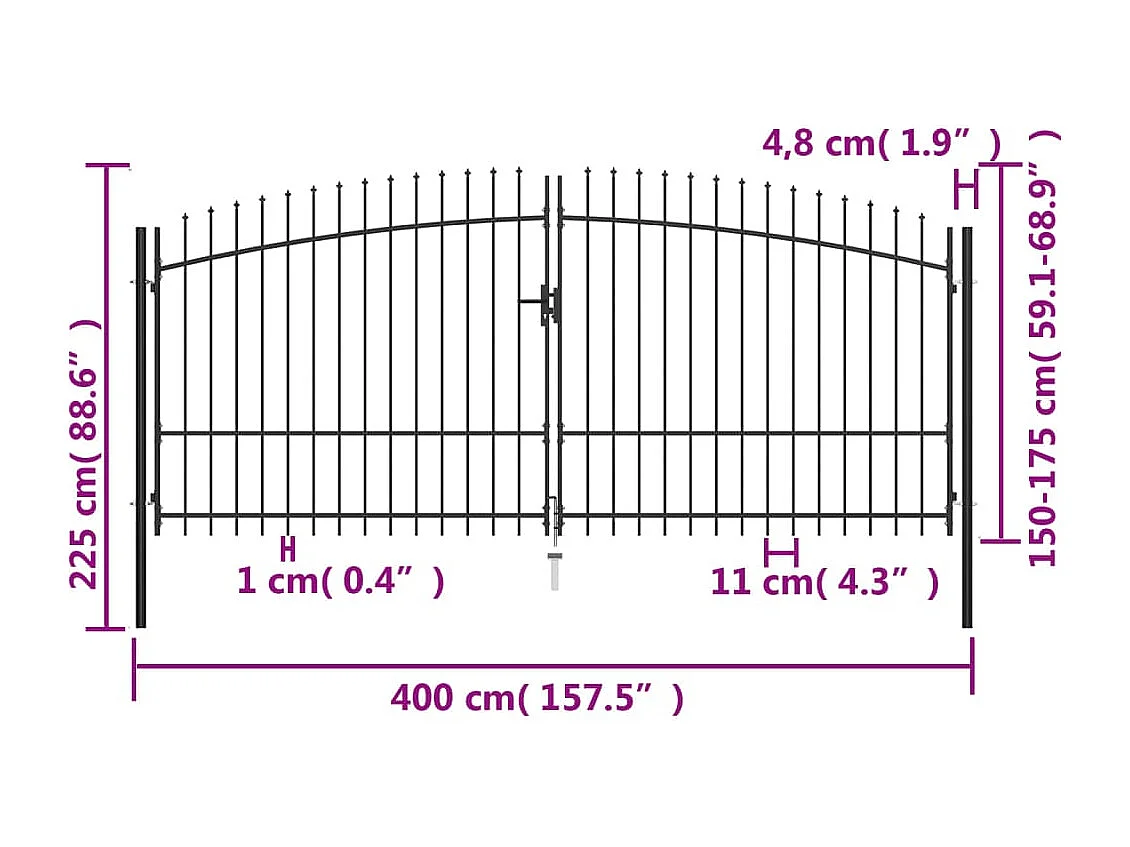 Double portail avec haut sous forme de lance 400 x 225 cm