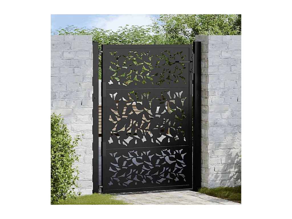 Portail de jardin noir 105x130 cm acier conception de feuilles