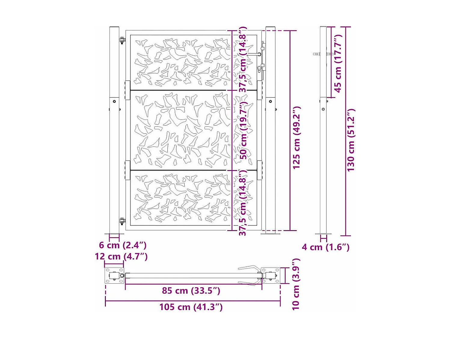 Portail de jardin noir 105x130 cm acier conception de feuilles