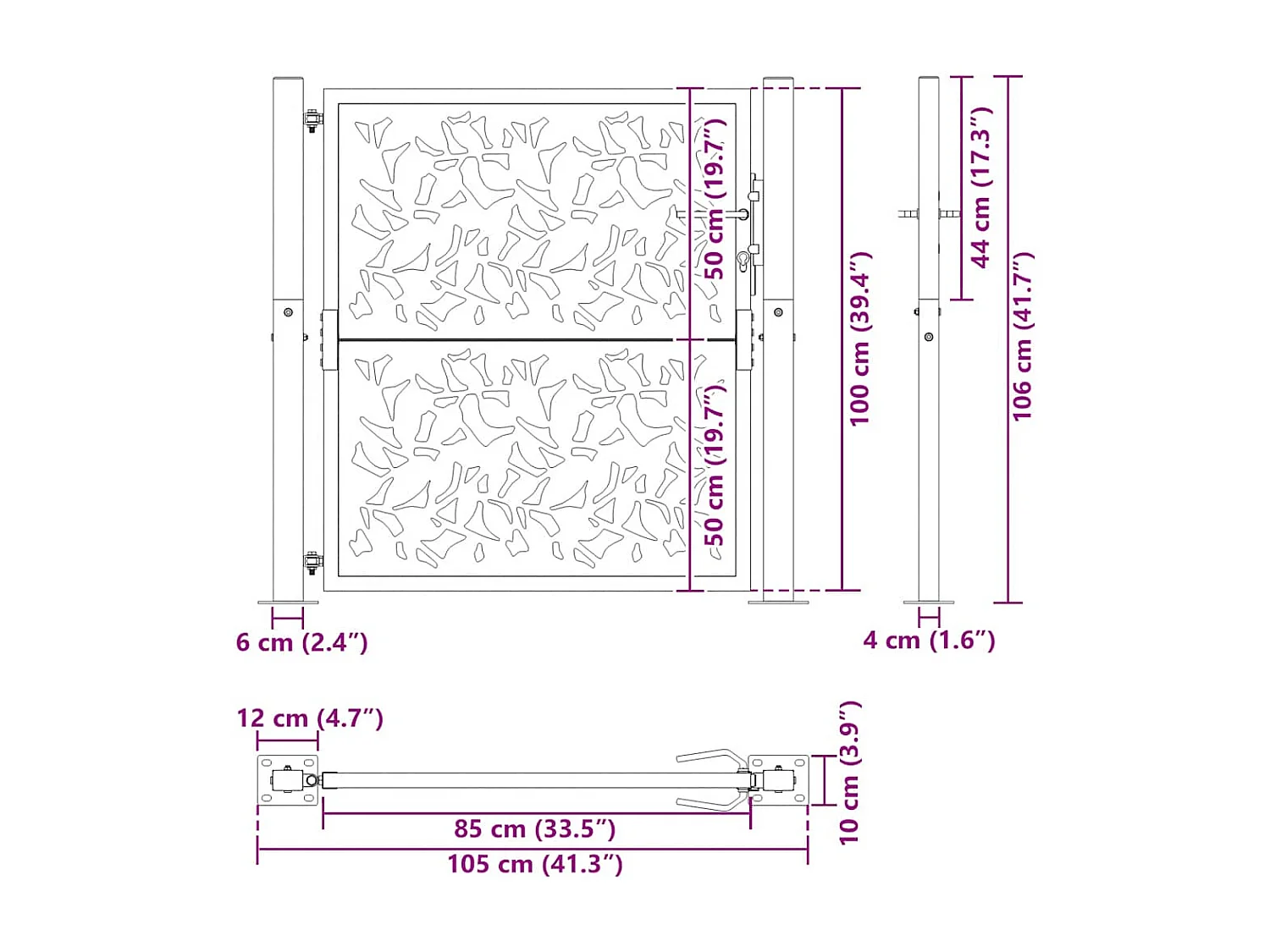 Portail de jardin noir 105x106 cm acier conception de feuilles