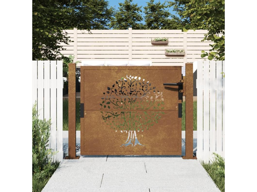 Portão de jardim 105x105 cm aço corten desenho árvore