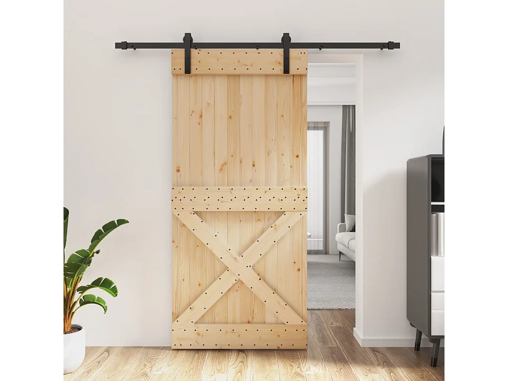 Porte coulissante et kit de quincaillerie 95x210 cm pin massif