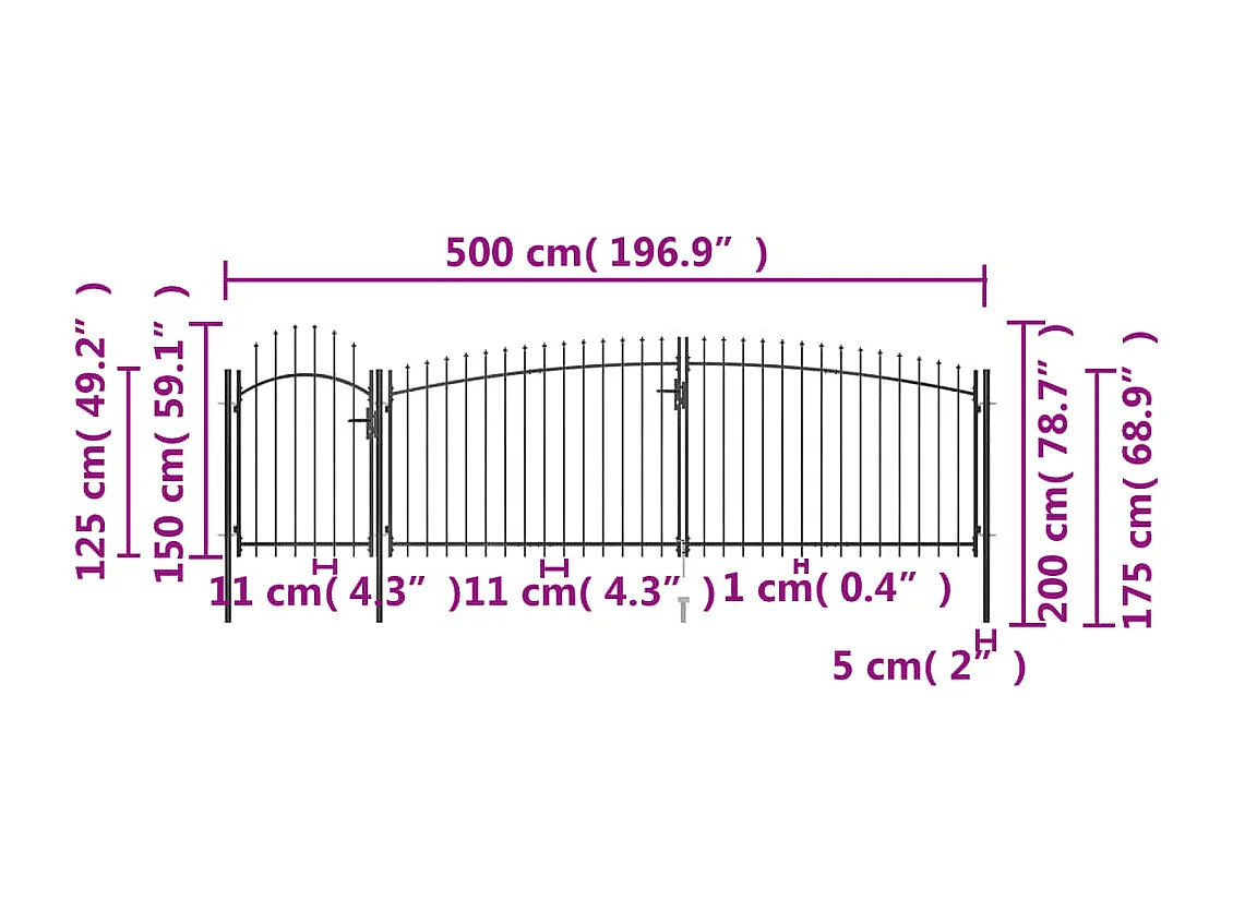 Portail de cl?ture de jardin avec dessus en lance 5x2 m Noir