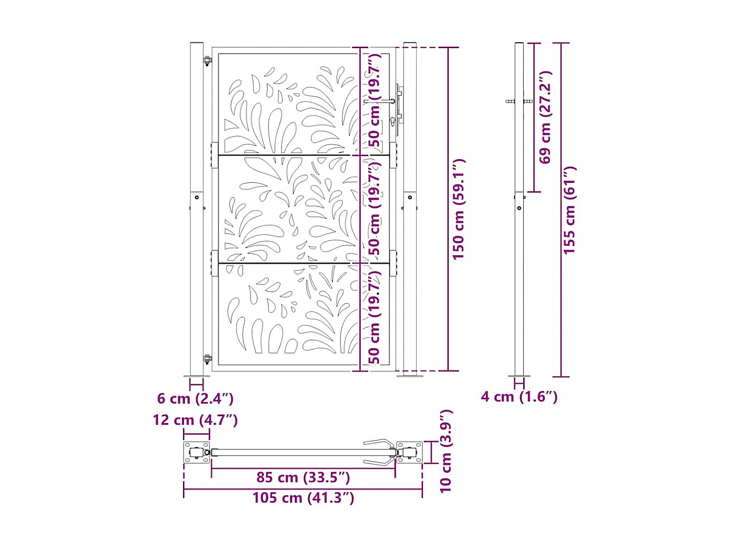 Cancello da giardino nero 105x155 cm acciaio design onda