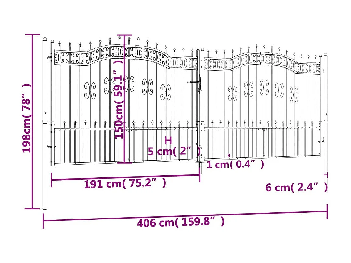 Portale e punta di lancia Nero 406x198 cm Acciaio verniciato a polvere